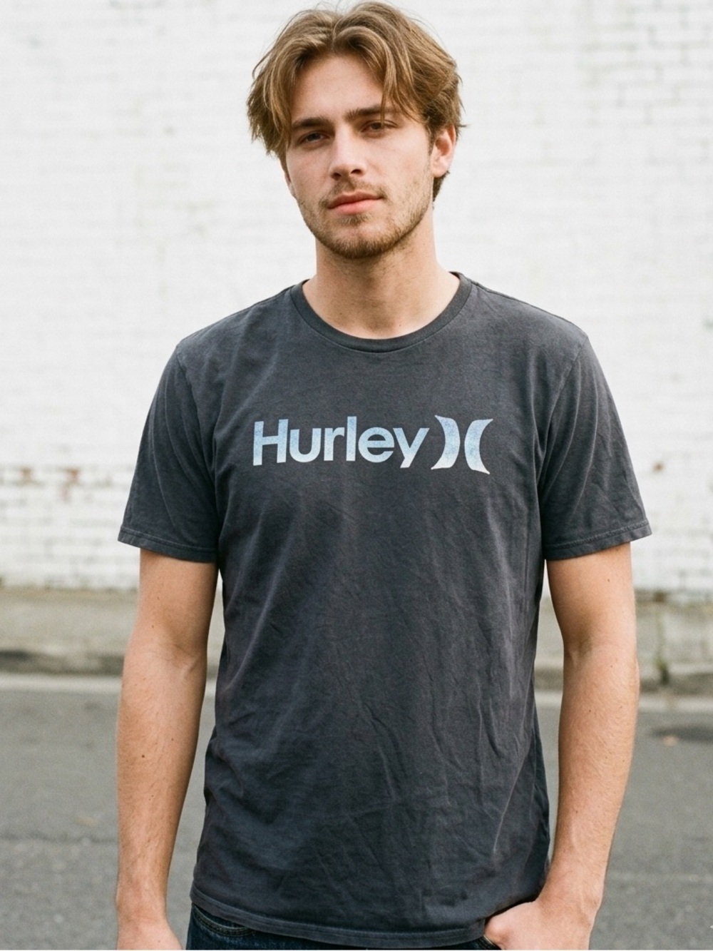 Y2K Hurley Shirt Men XL Faded Black Spellout Logo Graphic Tee Surf Skate